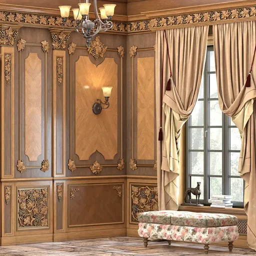 Carved oak trim with grape wines